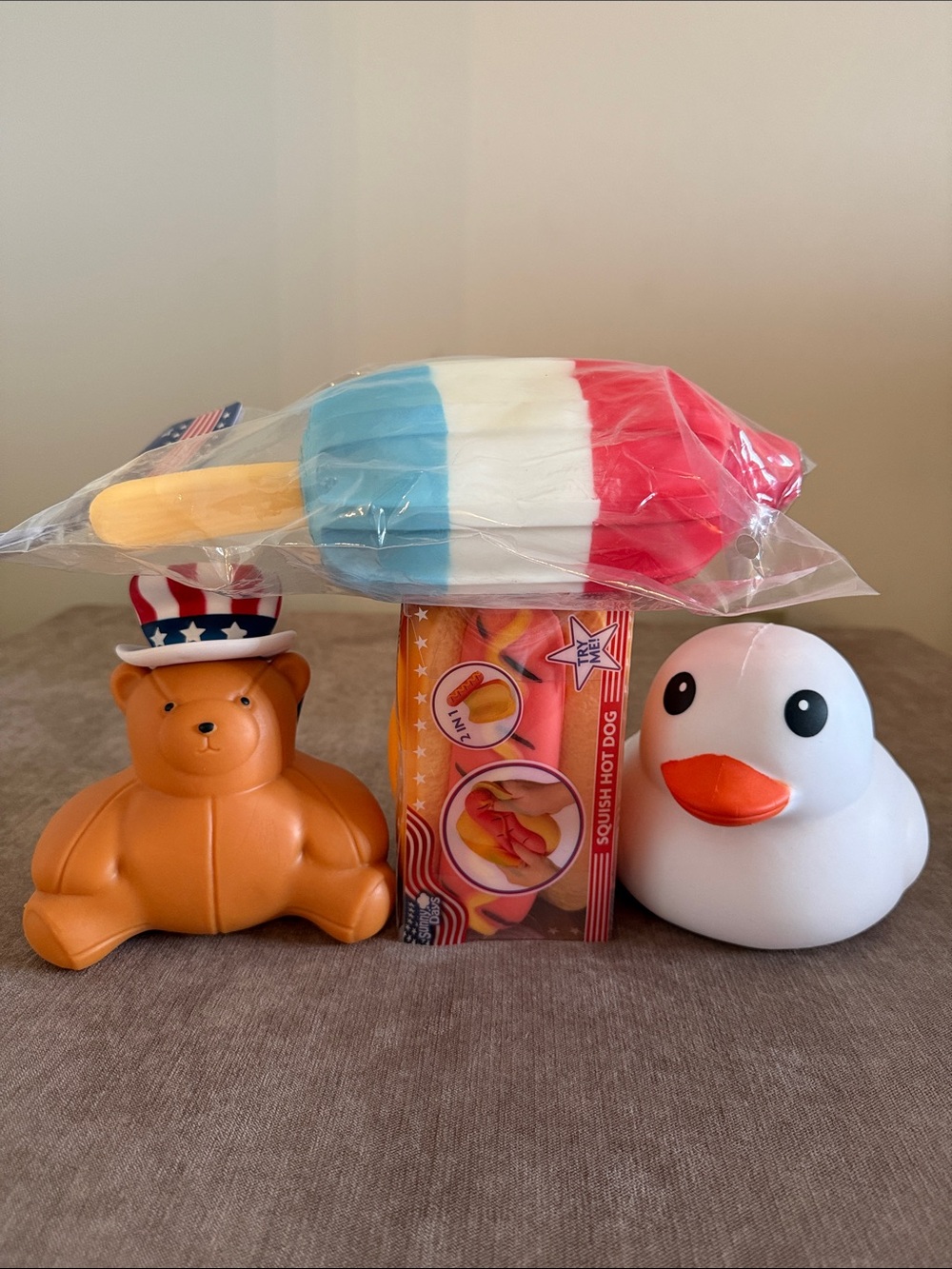 Sunny Days Squeezy Americana Rocket Pop, Hot Dog, Americana Teddy Bear & Duck